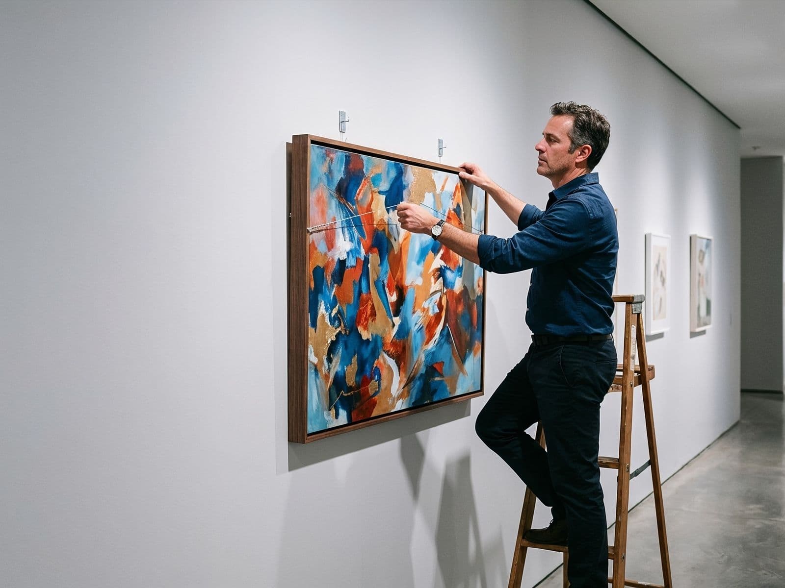 Collector hanging a newly acquired painting at home