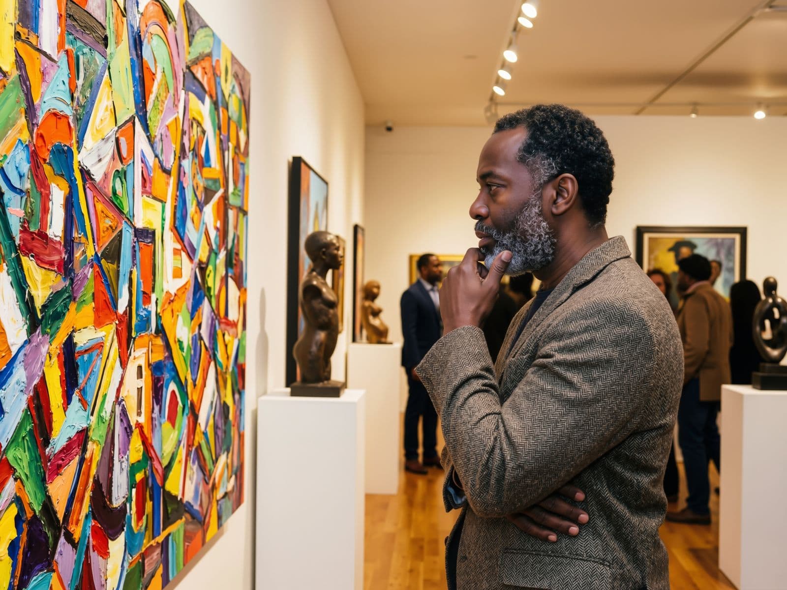 Collector studying a painting up close